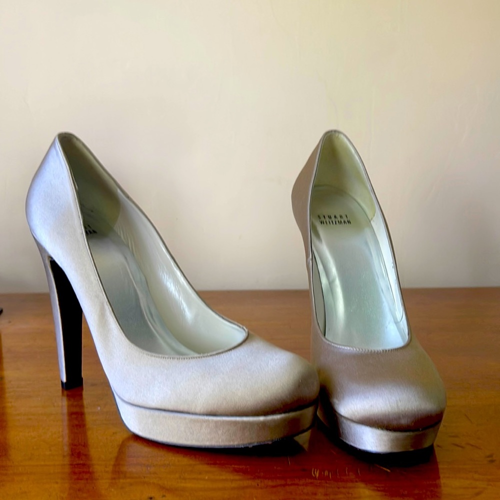 Stuart Weitzman Misty Satin Champagne Platform Pumps